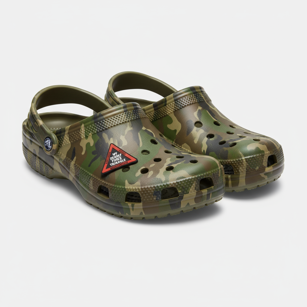 Tiny 1/2 inch patch on camo Crocs